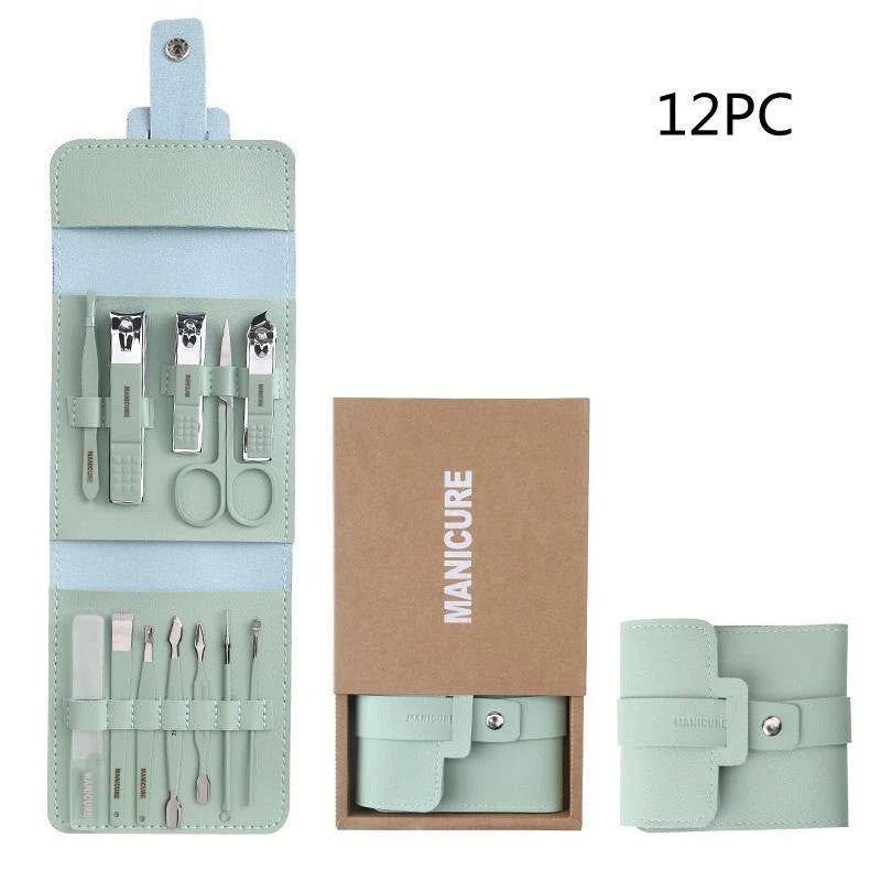 A 16-piece premium manicure and pedicure set with stainless steel tools and a stylish leather case