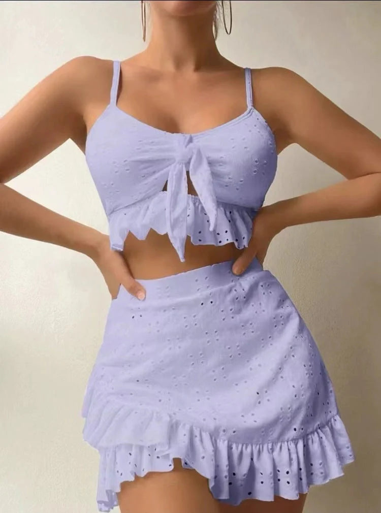 3-piece beach bikini set with hip-hugging skirt and ruffle design in various colours