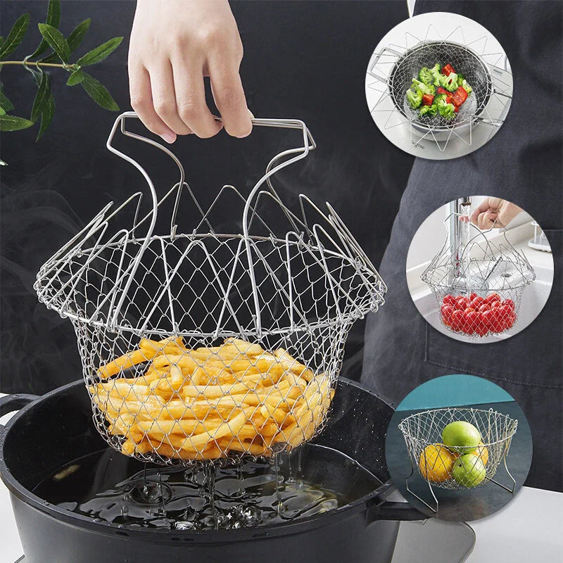 Stainless steel deep-fry basket with cool-touch handles and easy draining design