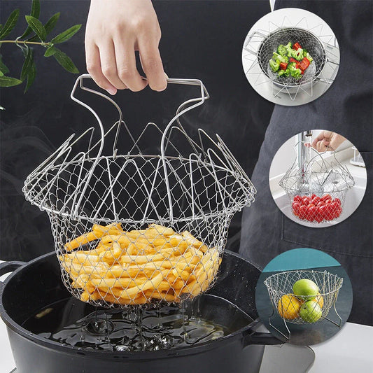Stainless steel deep-fry basket with cool-touch handles and easy draining design