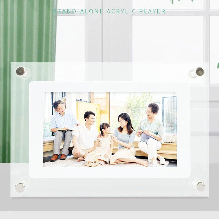 Stylish digital picture frame with acrylic exterior, supporting full HD video playback, automatic content recognition, and dual-speaker audio system