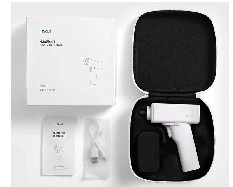 Compact white electric screwdriver with LED light and USB charging