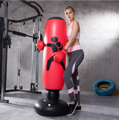 Premium inflatable freestanding boxing punch bag with durable PVC construction, reinforced double-cap seal, and large suction chassis for stable home workouts.