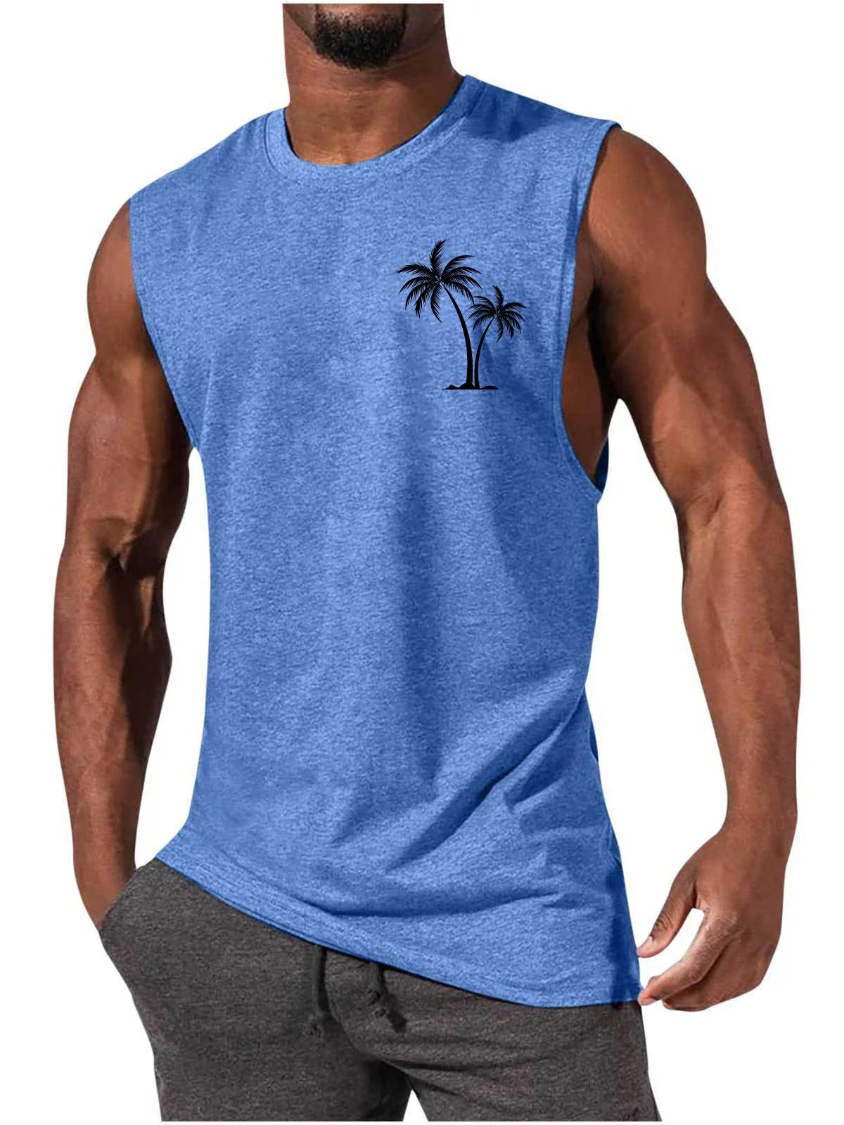 Tropical coconut tree print workout tank top for men, made with breathable, moisture-wicking fabrics for an active lifestyle.