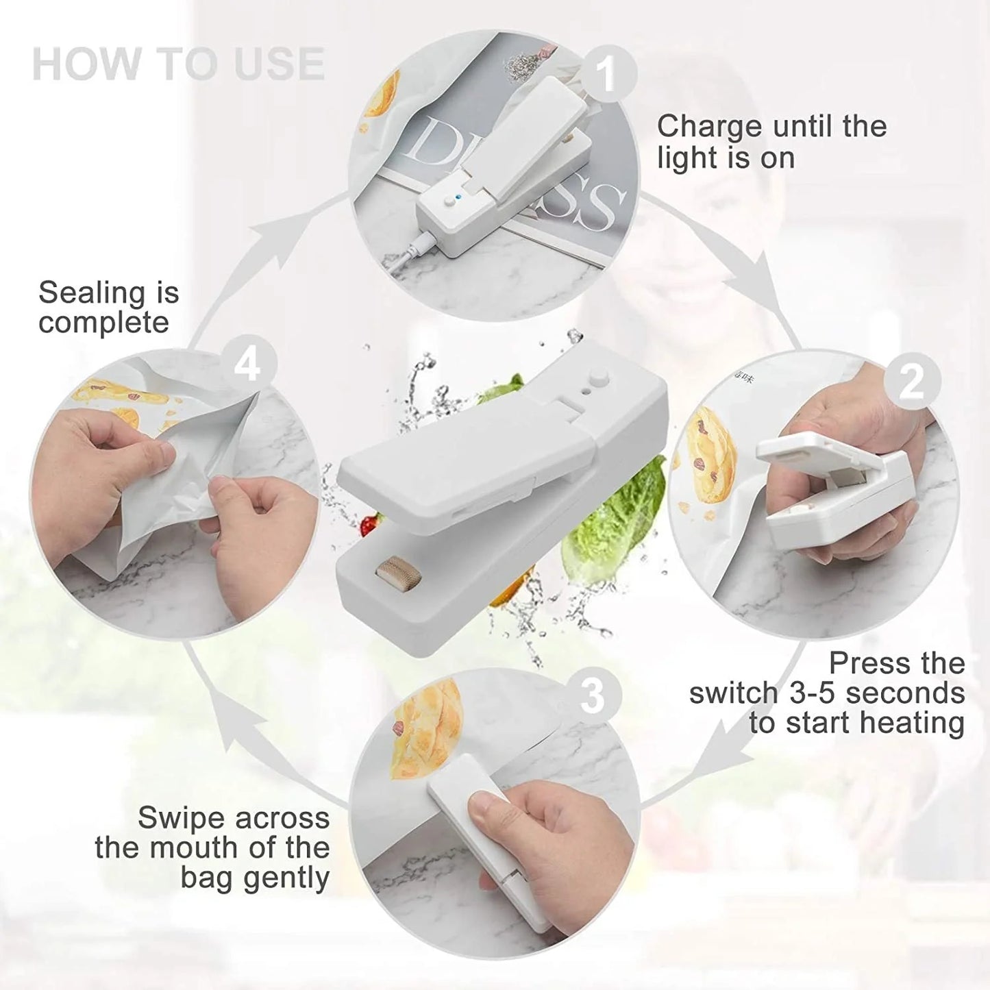 Portable ABS mini snack packaging bag heat sealing machine in grey, white, pink, and black