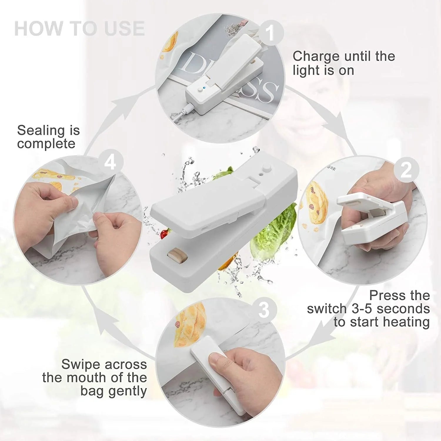 Portable ABS mini snack packaging bag heat sealing machine in grey, white, pink, and black