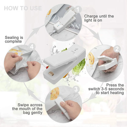 Portable ABS mini snack packaging bag heat sealing machine in grey, white, pink, and black