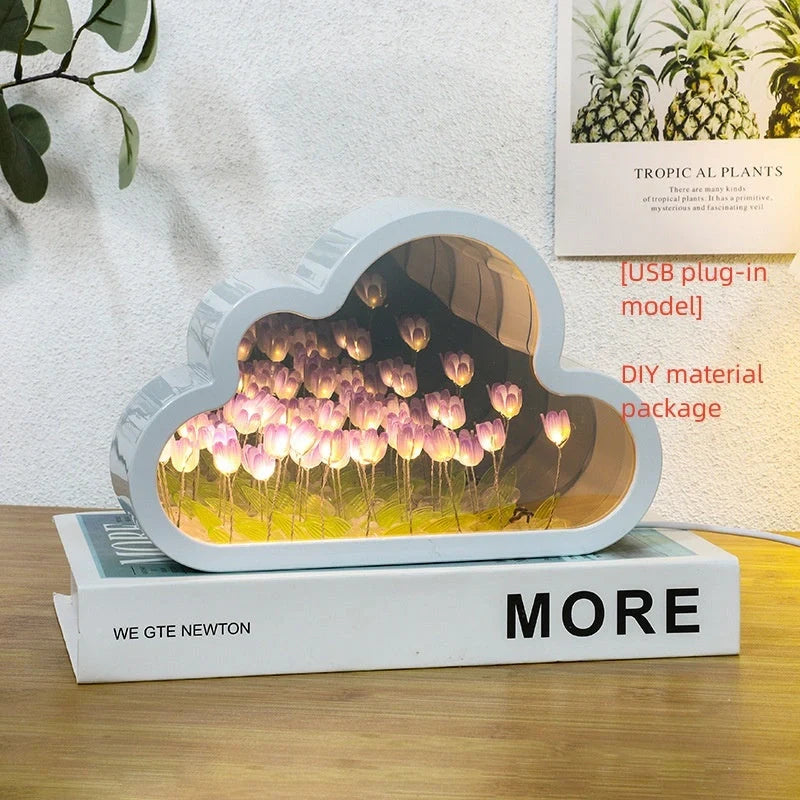 DIY Tulip Night Lamp in pink, purple, and blue with LED lights and decorative mirror feature