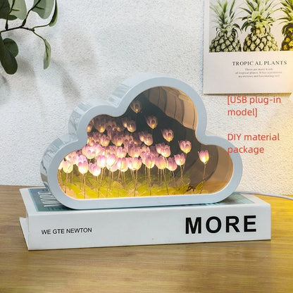 DIY Tulip Night Lamp in pink, purple, and blue with LED lights and decorative mirror feature