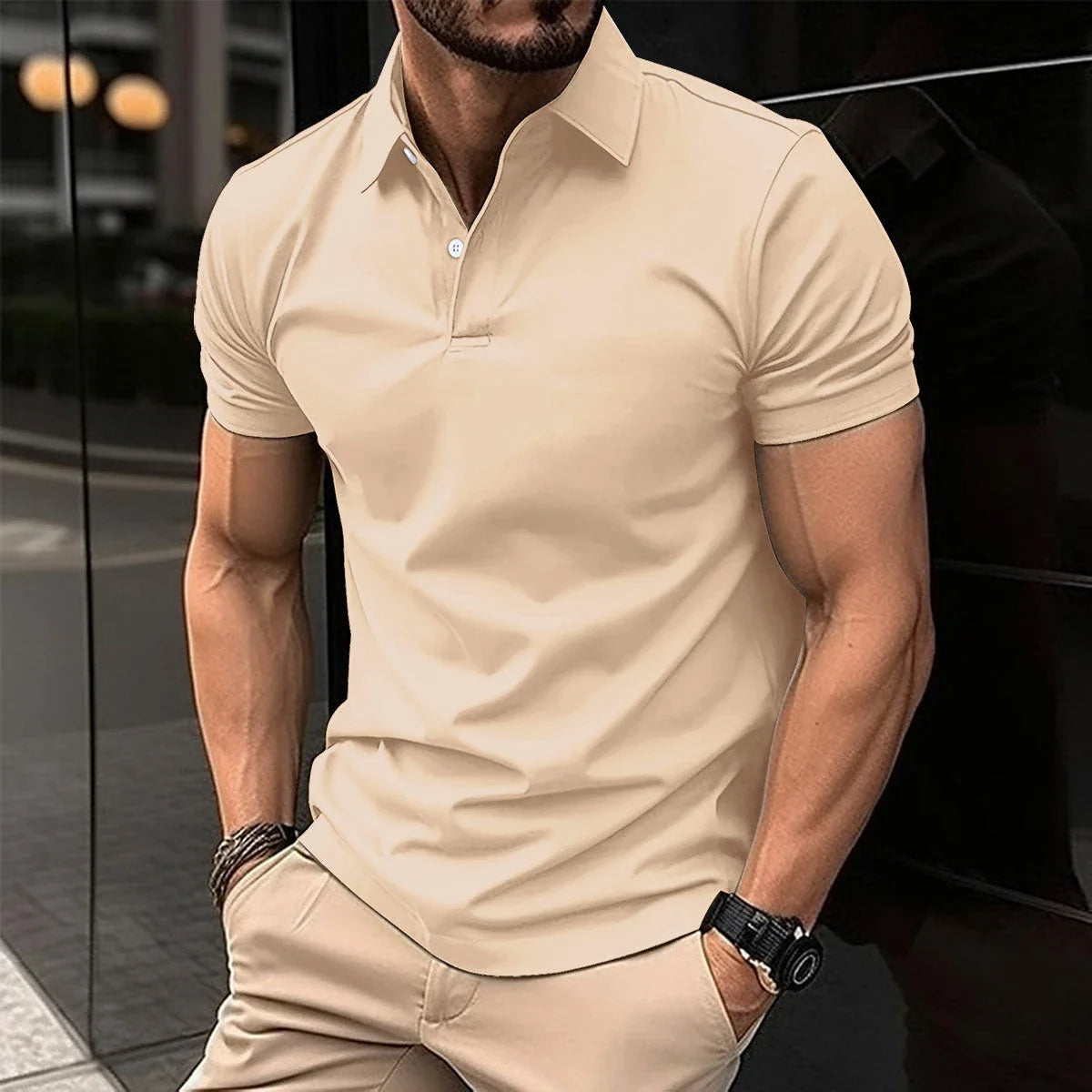 Premium Short Sleeve Polo Shirt for Men in Solid Color with Button Lapel Design