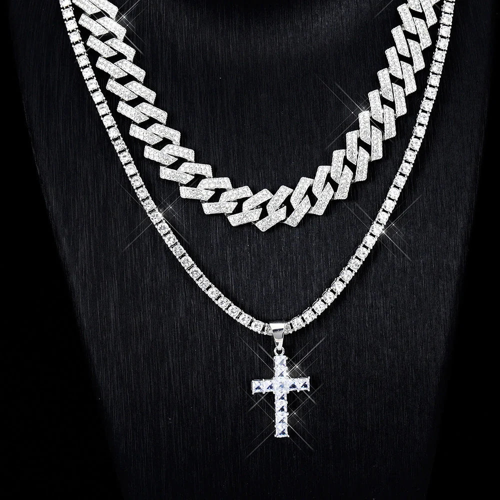 Exquisite cross pendant necklace with rhinestone paving, available in gold and silver colours with various chain styles