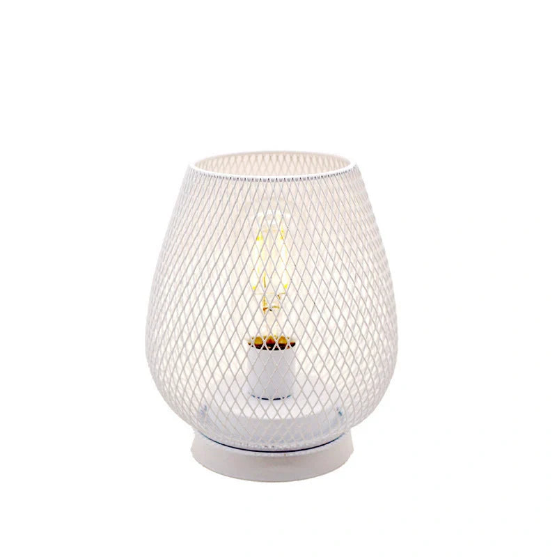 Retro iron art table lamp with hollowed out birdcage design and glass shade