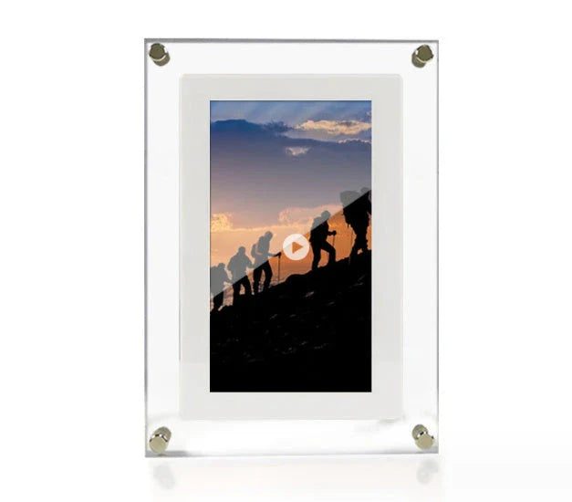 Stylish digital picture frame with acrylic exterior, supporting full HD video playback, automatic content recognition, and dual-speaker audio system