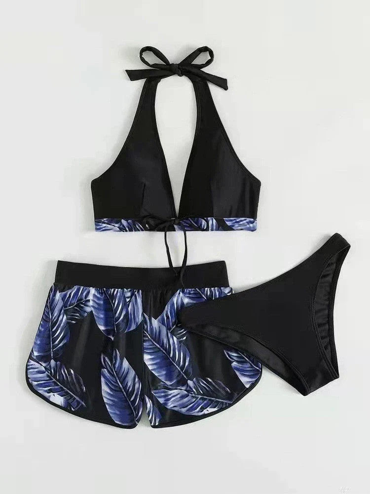 Stylish leaf print bikini with matching shorts in a variety of vibrant colors and patterns