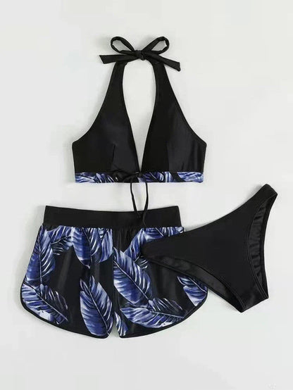 Stylish leaf print bikini with matching shorts in a variety of vibrant colors and patterns
