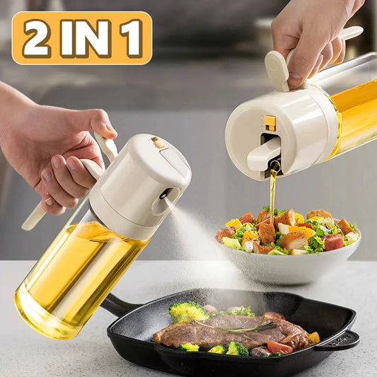 Versatile 2-in-1 Oil Sprayer Bottle with automatic opening, dual pouring and spraying modes, and easy cleaning design