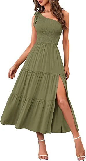 Stylish one-shoulder dress with pleated details, asymmetrical hemline, and leg-baring side slit in various colors