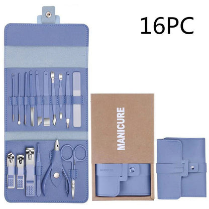 A 16-piece premium manicure and pedicure set with stainless steel tools and a stylish leather case