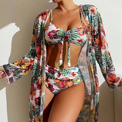 Women's plus size long blouse split bikini suit in vibrant colours