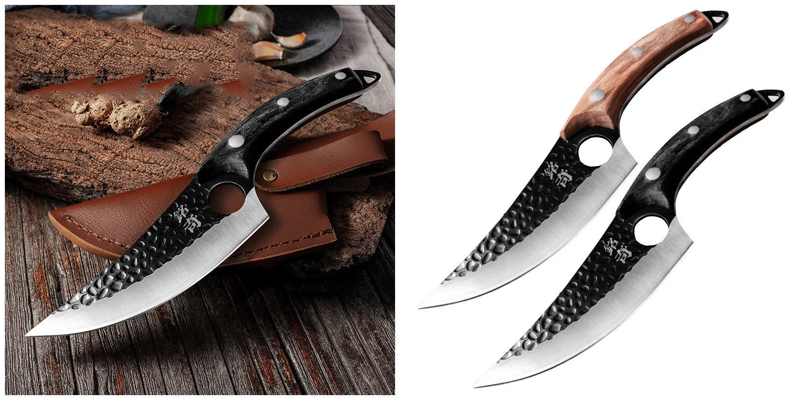 Forged stainless steel boning knife with ergonomic handle and leather sheath