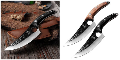 Forged stainless steel boning knife with ergonomic handle and leather sheath