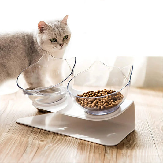 Elevated tilted pet bowl with non-slip stand in transparent, white, and black color options