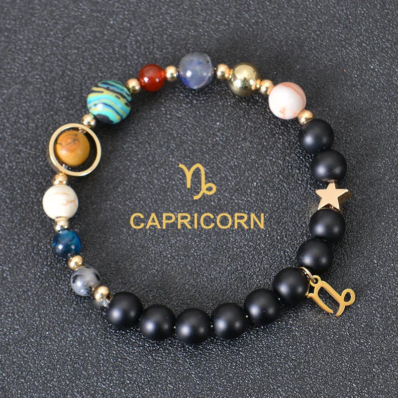 Frosted Stone Beaded Zodiac Bracelet featuring detailed zodiac signs on natural stone beads