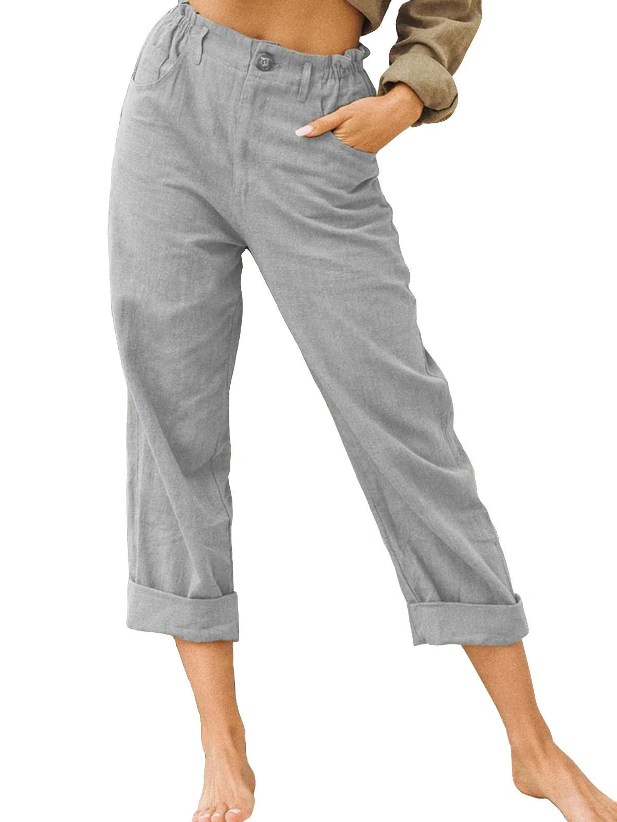 Women's cotton linen patchwork pants with drawstring back and elastic waist in various colours