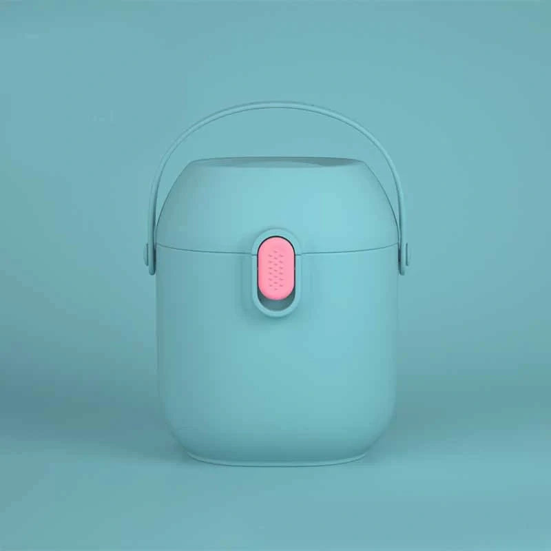 Large airtight baby milk powder storage container with scoop in peacock blue, olive green, and rouge powder