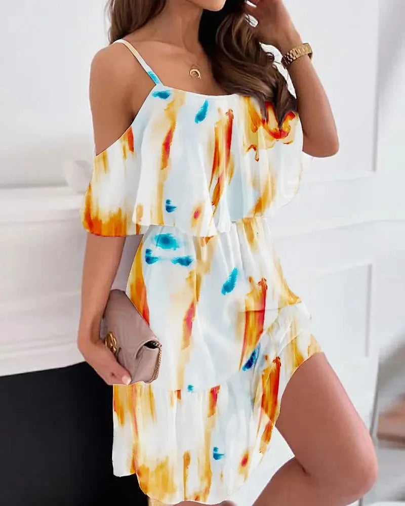 Flower printed ruffled suspender dress for women in summer