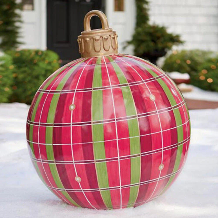 Vibrant inflatable Christmas baubles in a variety of colours and patterns, perfect for outdoor holiday decoration