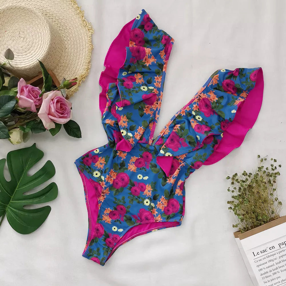 Women's blue one-shoulder ruffle swimsuit in printed polyester