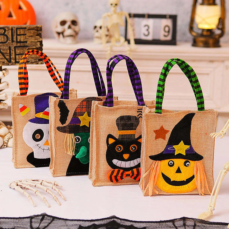 Halloween themed tote bag for kids featuring witch, skull, and pumpkin designs