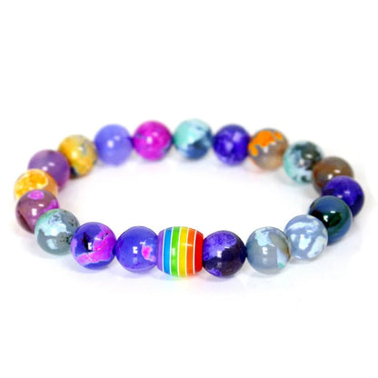 Pride Rainbow Bead Bracelet featuring natural stones in vibrant colours, perfect for unisex wear.