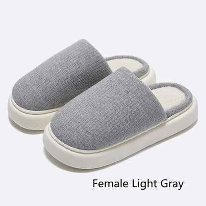Cosy knitted fabric slippers in various colours and sizes, designed for couples to enjoy comfortable indoor relaxation.