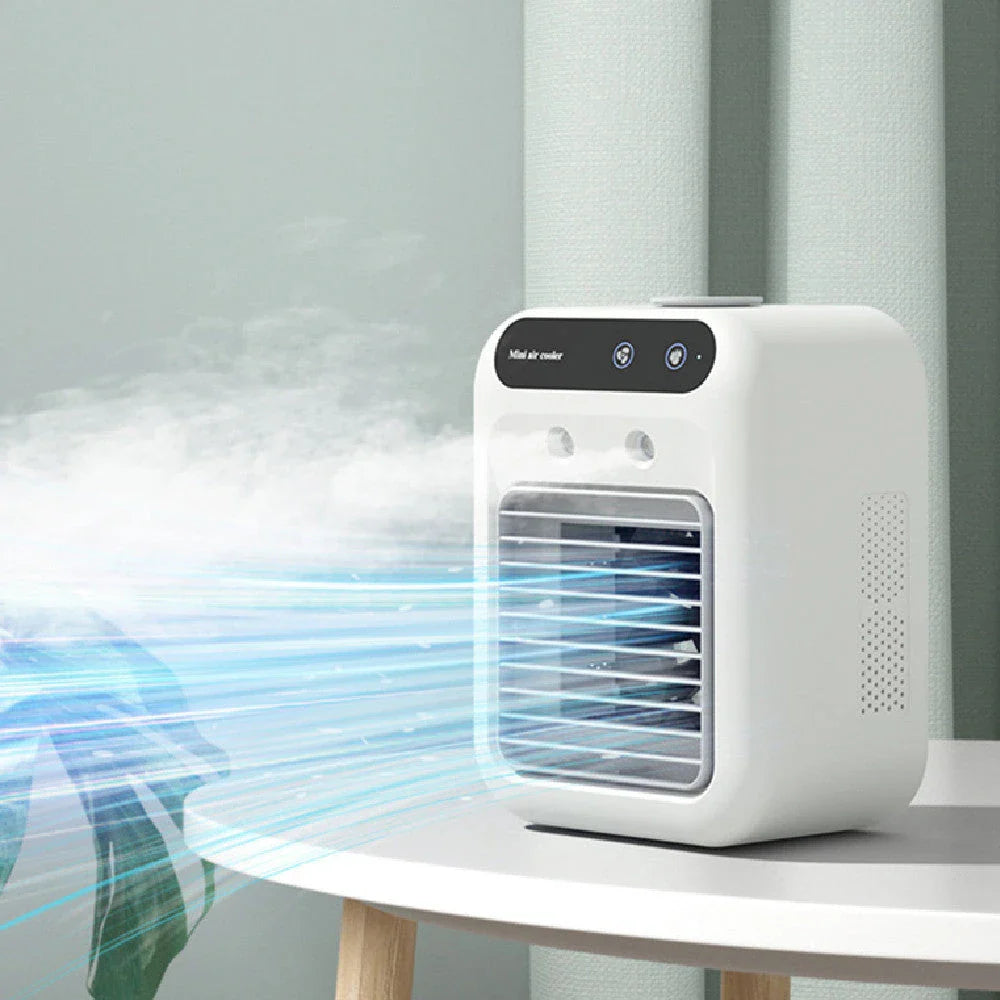 Portable USB-powered air cooler with humidifying function, ideal for home, office, and car use