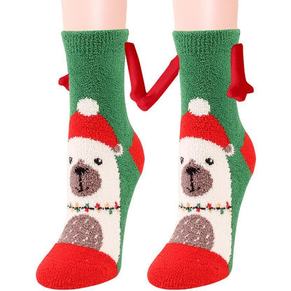 Christmas couple socks with magnetic suction feature for hand holding, festive 3D animal patterns