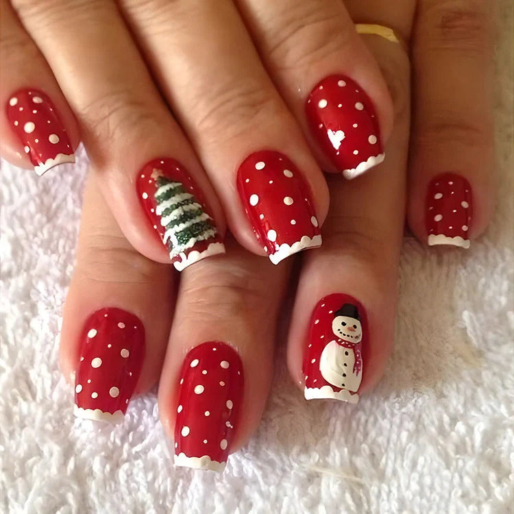 24pcs Christmas false nails with hat striped snowflake design for holiday parties