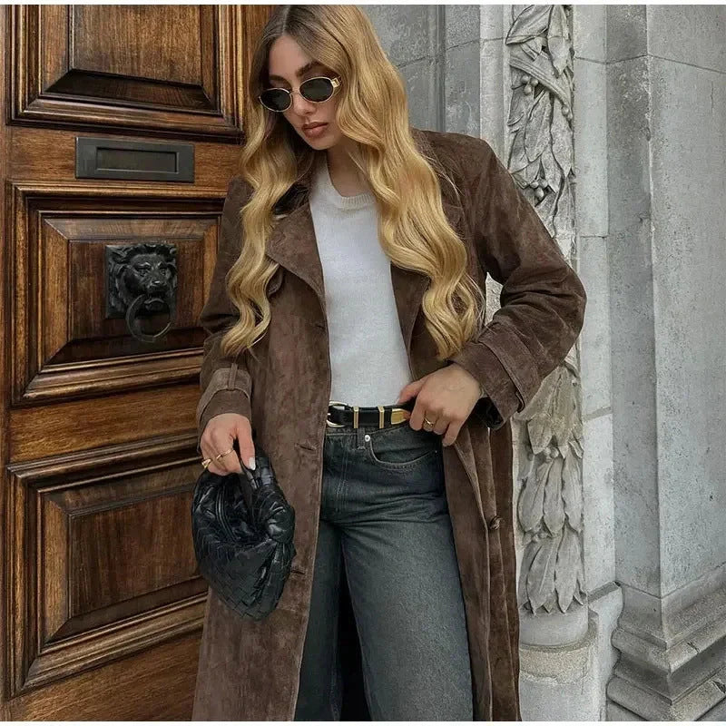 Double-breasted vintage suede long coat with belt for women in brown and light brown