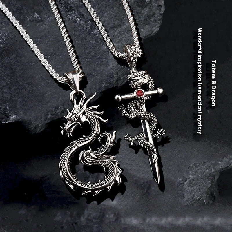 Stylish dragon sword pendant necklace with paved black colour and large hemp flowers chain, a premium accessory for men and boys