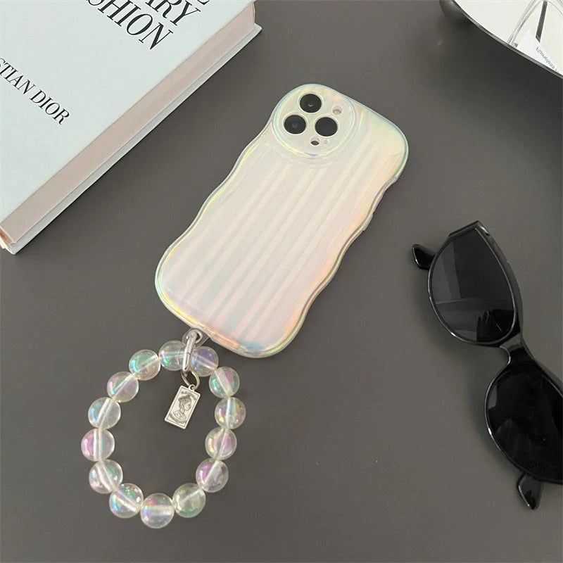Laser Wave Silicone Phone Case with gradient laser stripes and bead chain for iPhone