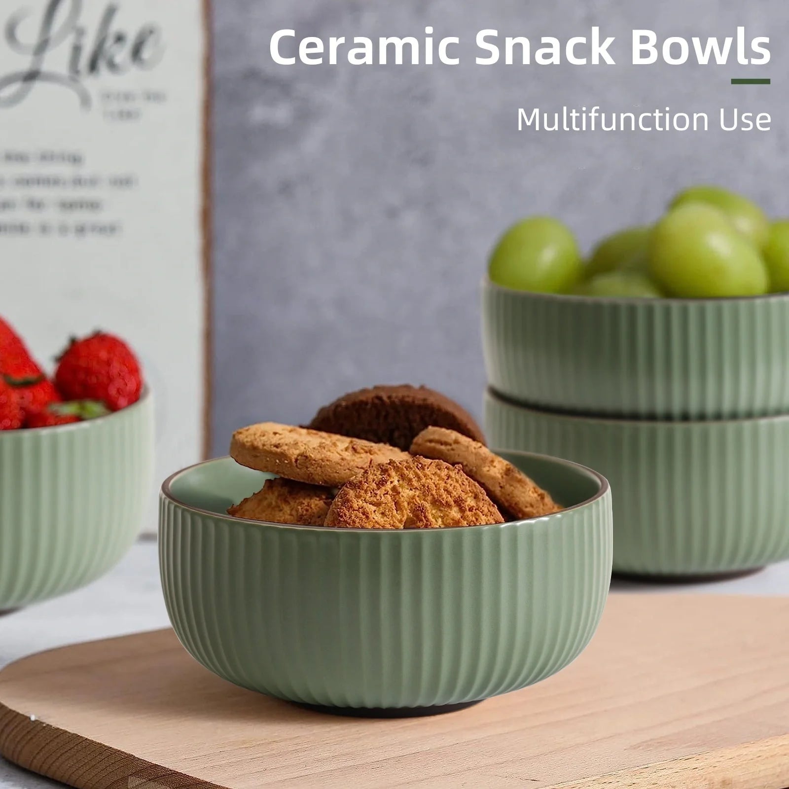 Set of 4 ceramic kitchen bowls, 46oz each, in grey and green, microwave and oven safe