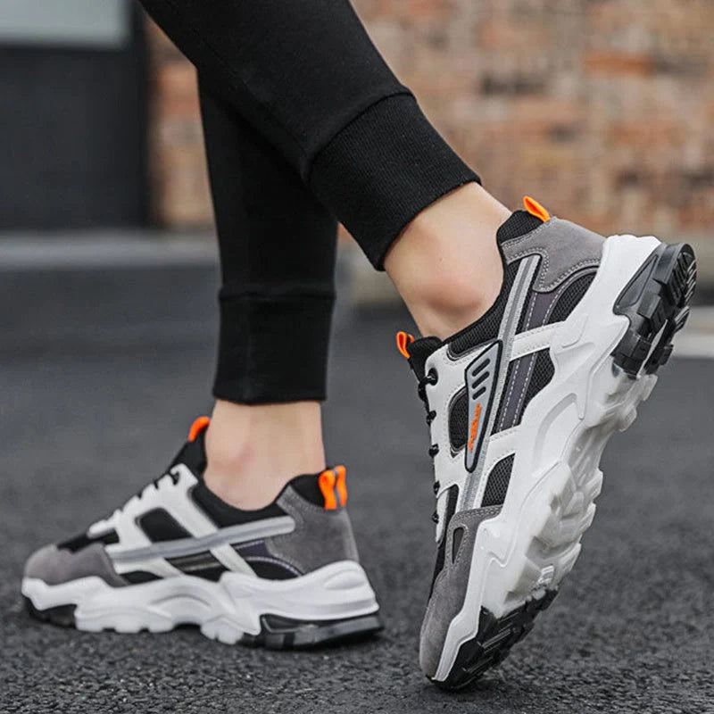 Men's black and white lace-up sneakers with breathable mesh for running