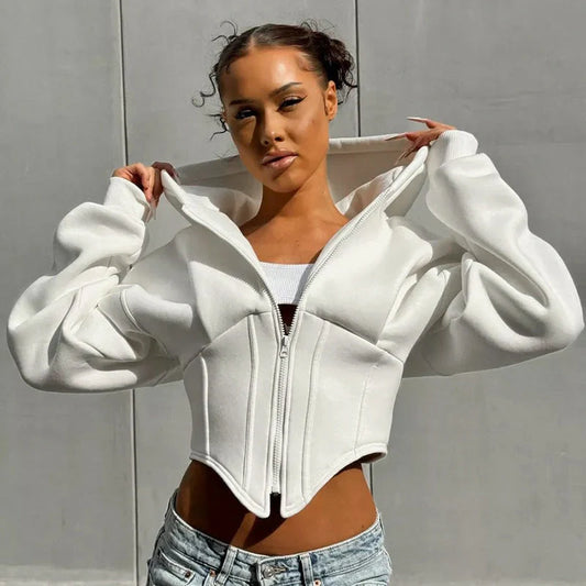 Slim-fit zipper hoodie cardigan for women in grey and white