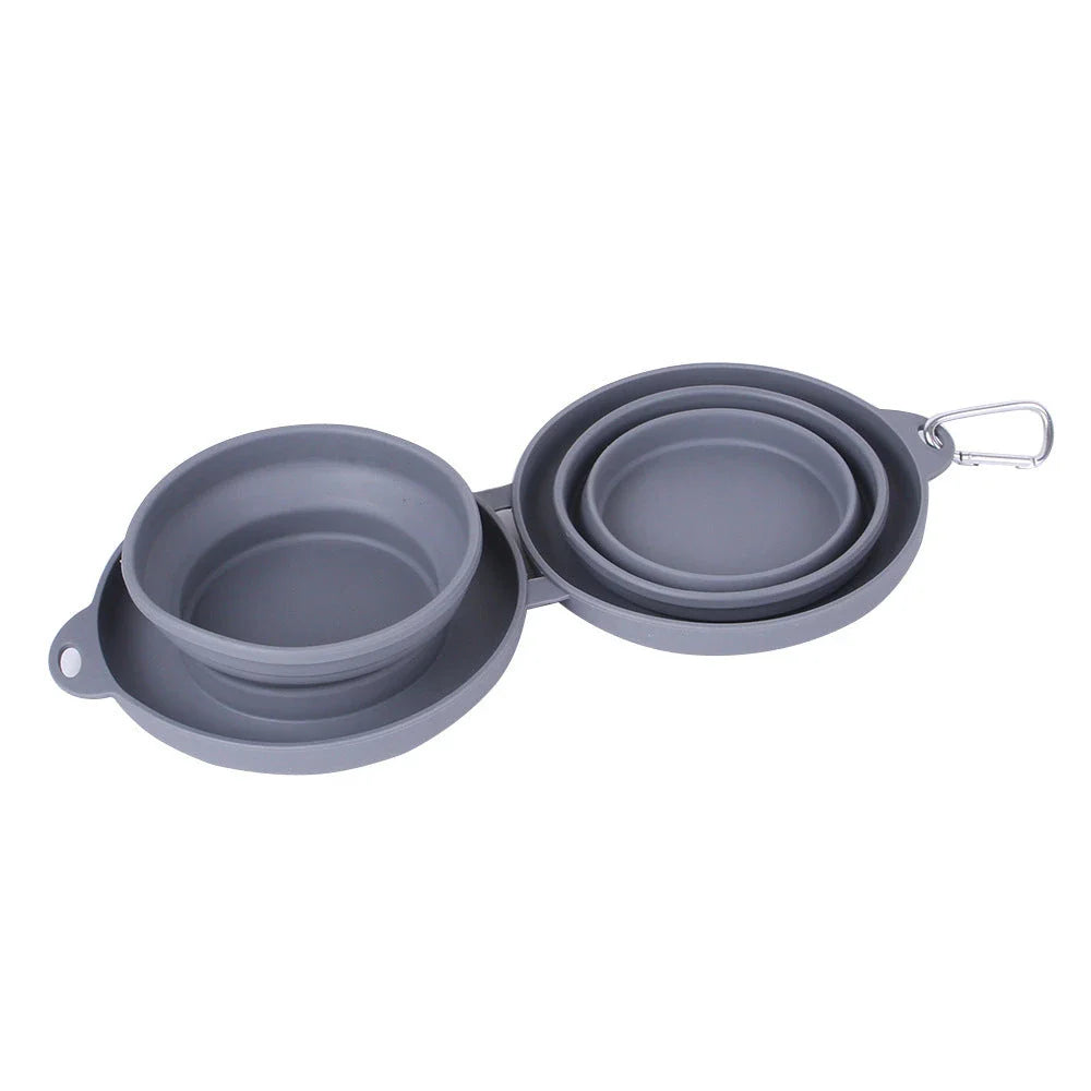 Collapsible pet bowls made of durable silicone with dual compartments and spill-resistant design for dogs and cats