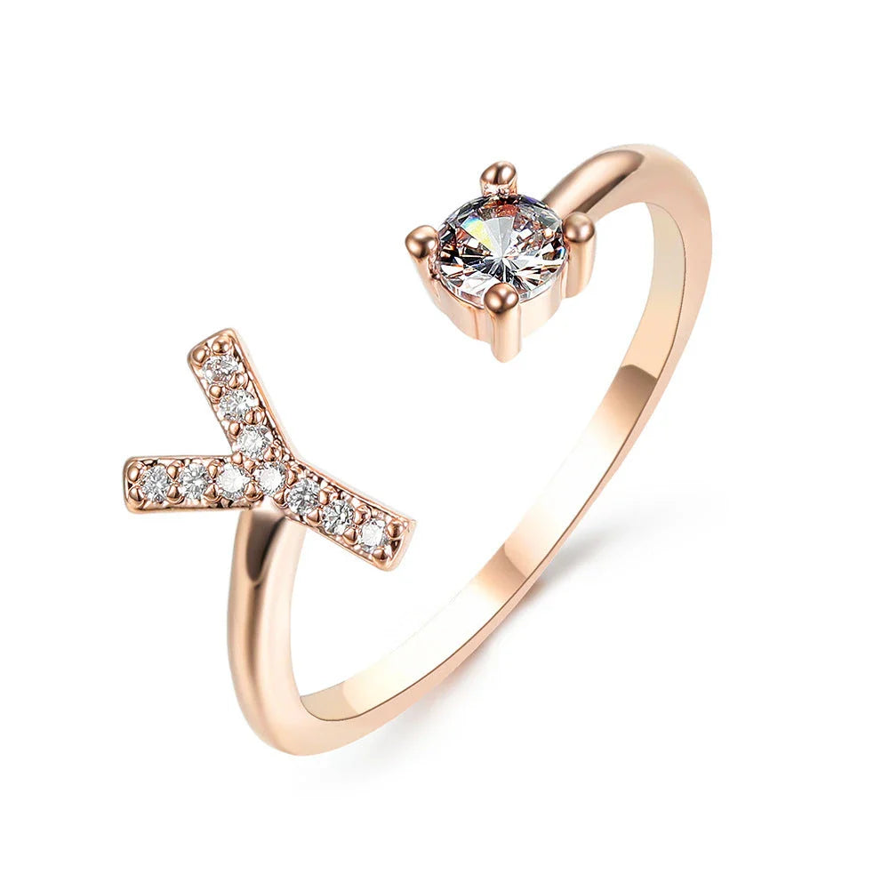 Customizable adjustable ring with 26 letters for women, featuring zircon stones and copper alloy construction