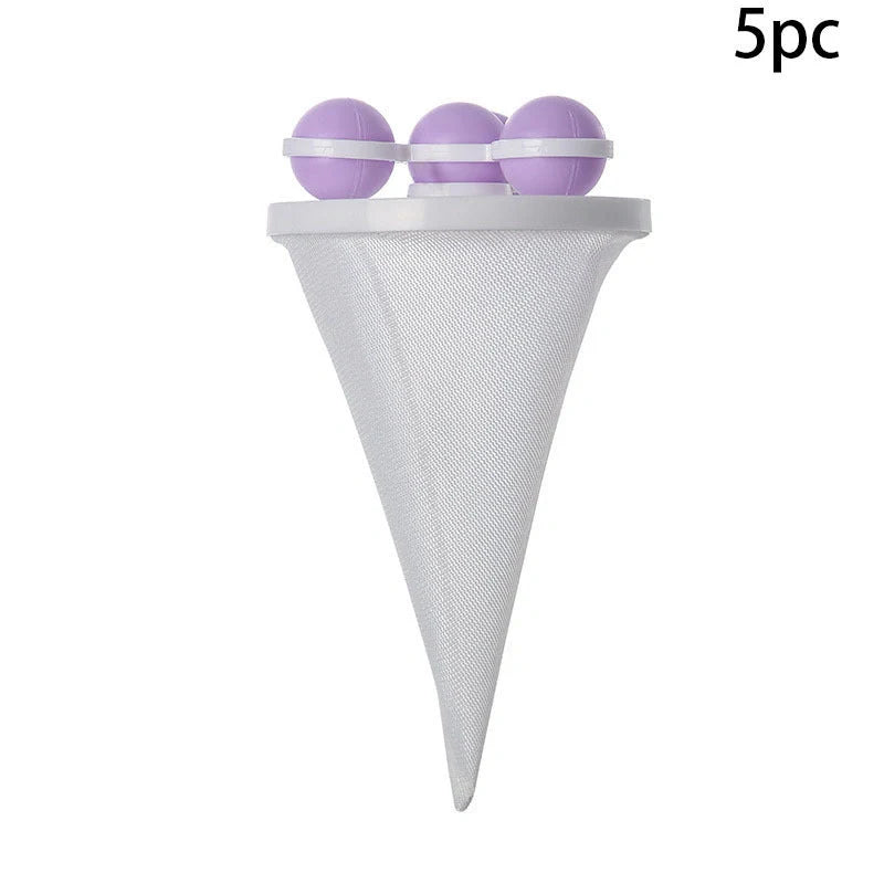 Gyroscopic Washing Machine Filter Pouch in purple, blue, and pink for lint and hair removal