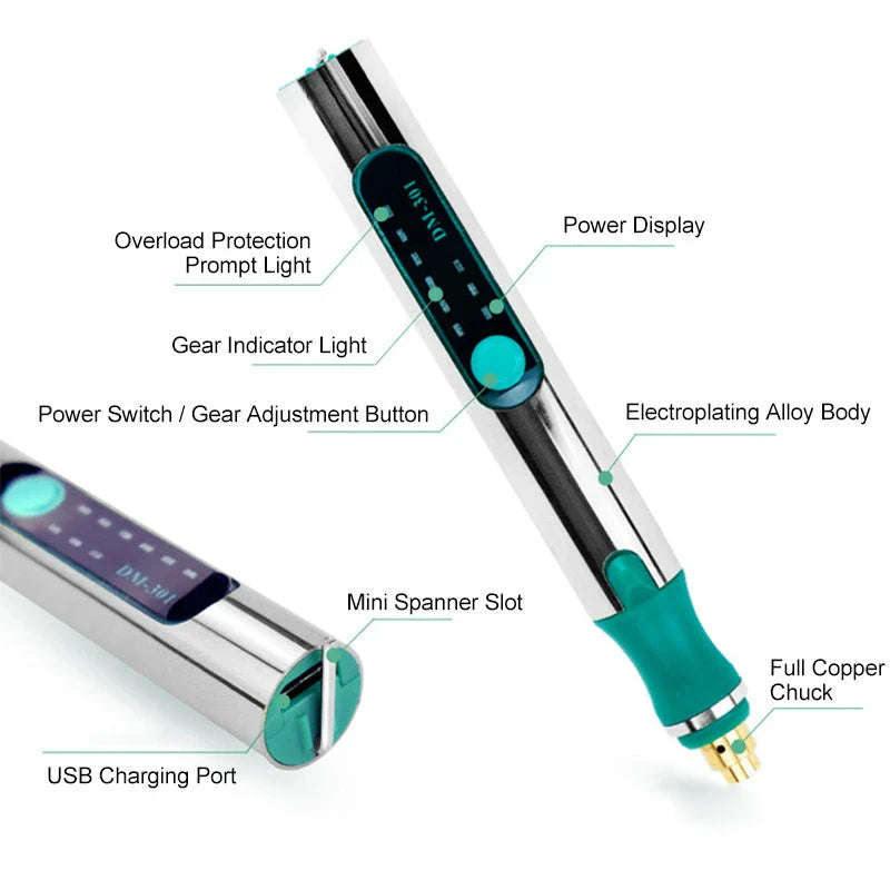 Rechargeable engraving pen with adjustable speed, mini grinder, and various accessories for personalization and crafting