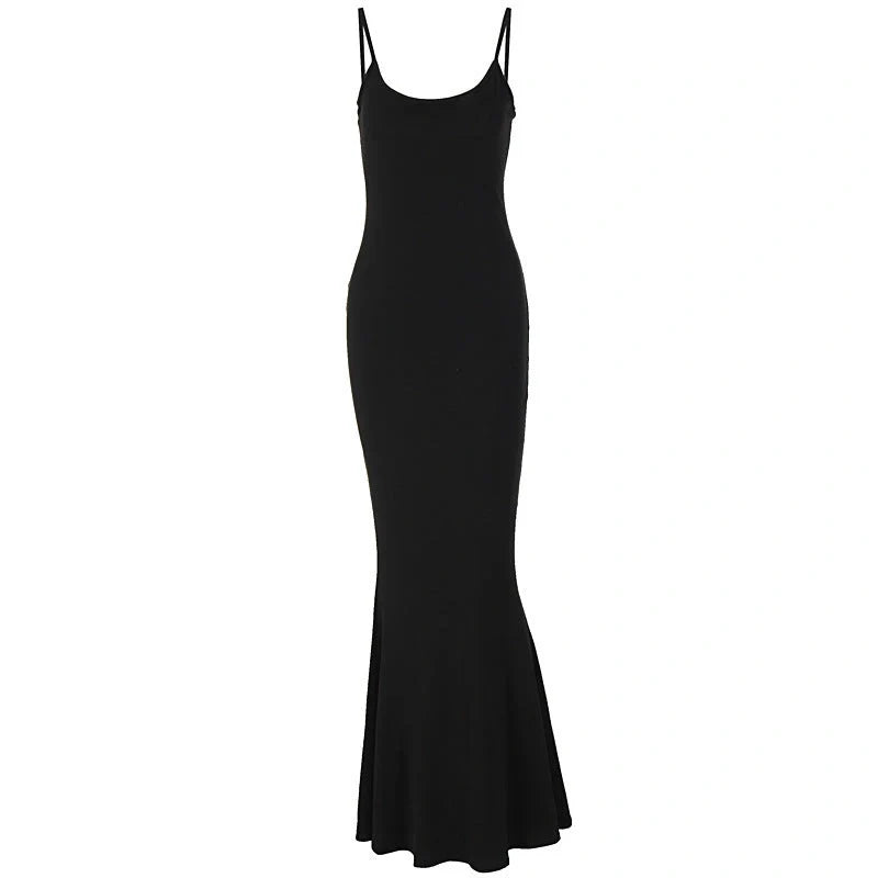 Women's spaghetti strap long dress in pink, gray, black, and blue with high waist design