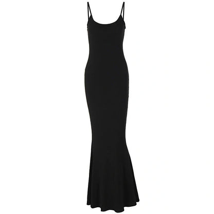 Women's spaghetti strap long dress in pink, gray, black, and blue with high waist design